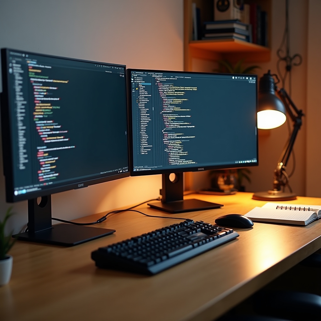 Well-organized coding workspace with multiple monitors showing code editors and documentation
