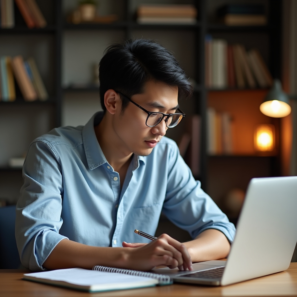 Young adult learner focused at a desk with a notebook and laptop, studying programming material in a calm home study environment