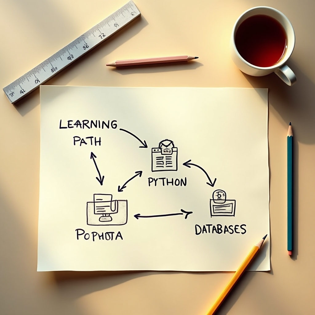 Illustrated diagram showing interconnected learning paths between web development, Python, and database modules on a clean background