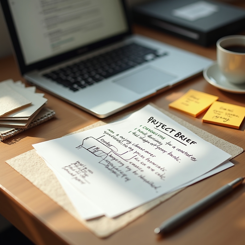 Developer reviewing project planning notes on paper and laptop screen, organized workspace with sticky notes and a clear project outline