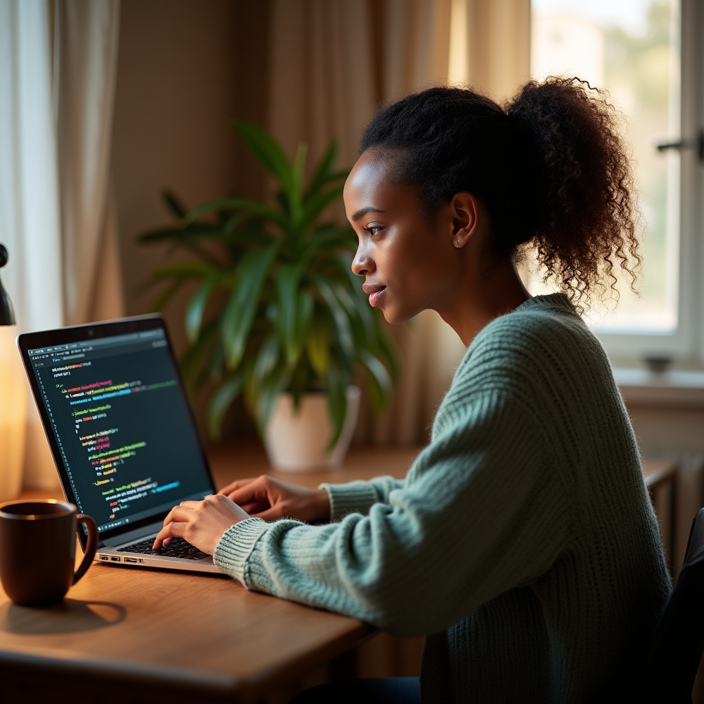 Student focused on coding exercises on a laptop in a comfortable study environment